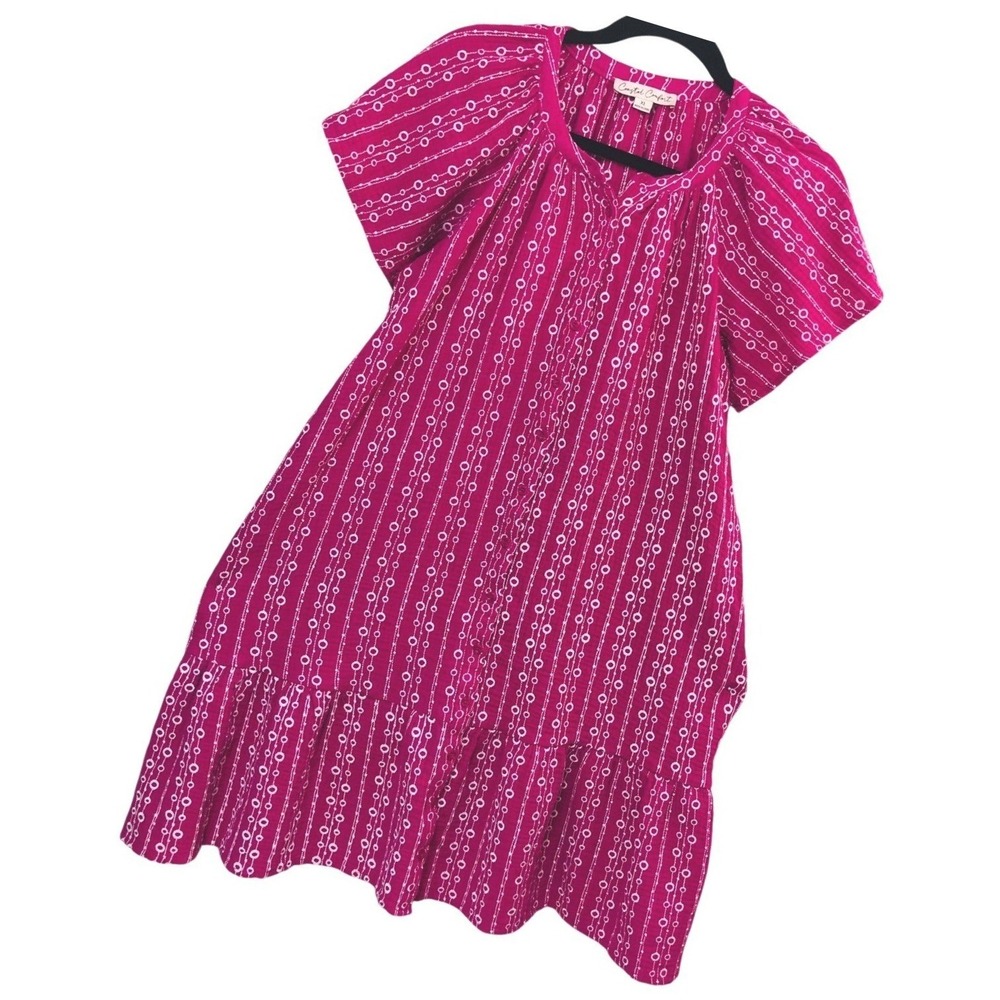 Coastal Comfort Pink Embroidered Day Dress Button Front Flutter A Line Womens XL